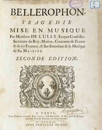 Frontispice av "" Bellerophon "" Lyrique-tragedie i fem akter med en prolog av Jean Baptiste Lully (Giovanni Battista Lulli) (Jean-Baptiste) (1632-1687). 1714. av Unknown artist