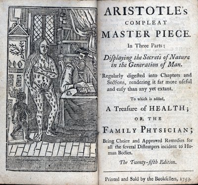 Frontispice av en medisinsk behandling av den greske filosofen Aristoteles (384-322 f.Kr.). (ARISTOTTELESS KOMPLETTE MESTERVERK I TRE DELER. VISER NATURENS HEMMELIGHETER I MENNESKETS GENERASJON) 1753 av Unknown artist