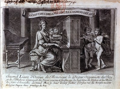 Frontispice av den andre orgelboken av Mr. Nicolas Lebègue. Fransk komponist 1631 til 1702. Organist i tjeneste for Ludvig XIV. Paris BNF av Unknown artist