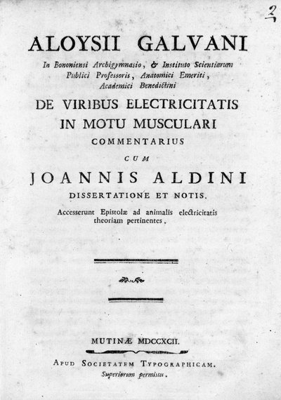 Frontispice av ""De Viribus Electricitatis in Motu Musculari Commentarius""" En avhandling om sirkulasjonen av elektrisitet i musklene til dyr, av Luigi Galvani, italiensk fysiker av Unknown artist
