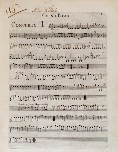 Frontispice av musikalsk partitur av seks konserter i 8 deler av GB Sammartini og JA Hasse av Unknown artist