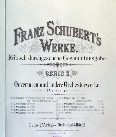 Frontispice av musikalsk partitur av forskjellige ouverturer av Franz Schubert av Unknown artist