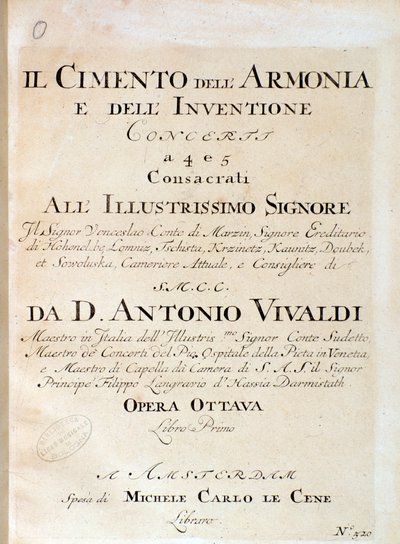 Frontispice av musikalsk partitur av fiolin på konsert V i Prøvelsen av harmoni og oppfinnelse av den italienske komponisten Antonio Vivaldi av Unknown artist