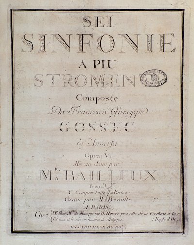 Frontispice av partituret til Sei sinfonie a piu strumenti op. 5 (første symfoni) av Francois Joseph Gossec av Unknown artist