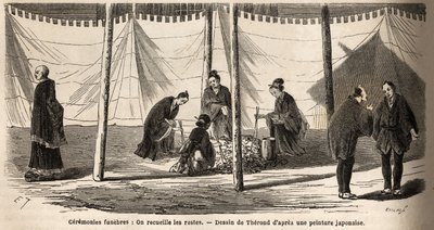 Begravelsesseremonier: etter forbrenning, innsamling av levninger. Gravering for å illustrere reisen til Japan i 1863-1864, av Aime Humbert, minister for det sveitsiske konføderasjonen, i "Le tour du monde, nouveau journal des voyages", utgitt under ledels av Unknown artist