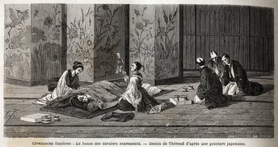 Begravelsesseremonier: munken av de siste sakramentene. Gravering for å illustrere reisen til Japan i 1863-1864, av Aime Humbert, minister for det sveitsiske konføderasjonen, i "Le tour du monde, nouveau journal des voyages", utgitt under ledelse av Edouar av Unknown artist