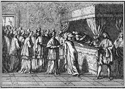 Begravelse av en pave på 1700-tallet: anerkjennelse av kroppen til den døde paven. Gravering i "Histoire des religions"". av Unknown artist