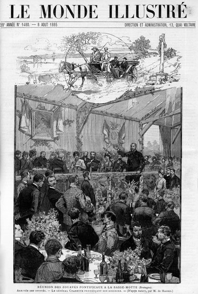 General Charettes tale på møtet til de pavelige Zouaves ved Basse Motte i Bretagne, I "The Illustrous World 1885". av Unknown artist
