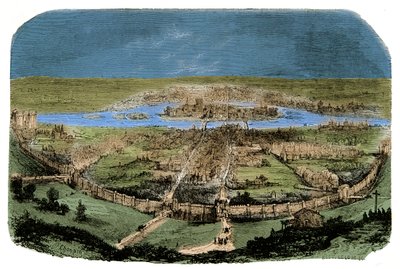 Generell utsikt over Paris med innhegningen under Philippe Auguste, gravering 1800-tallet av Unknown artist