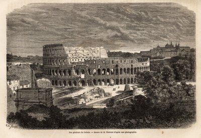 Generell utsikt over Colisee, i Roma, Flavian amfiteater ferdigstilt i 80, under keiser Titus regjeringstid, med plass til opptil 75 000 mennesker, det forble i tjeneste til det 6. århundre, symbol på imperiale Roma, som ligger øst for Forum Romanum, det e av Unknown artist
