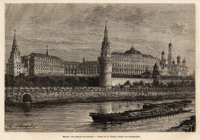 Generell oversikt over Kreml, Moskvas geografiske sentrum og Russlands politiske sentrum, nabolaget bygget på 1300-tallet har alltid blitt utvidet og restaurert i hele landets historiske peripetier. Gravering for å illustrere La Rus av Unknown artist
