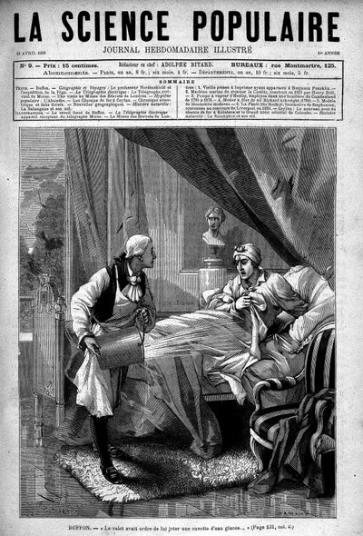 Georges Louis Leclerc Buffon i sengen sin, og dalen kastet en bøtte med isvann mot ham. I «Populærvitenskap», 15. april av Unknown artist
