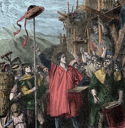 Geslers hatt - Fogd Hermann Gessler reiser en stolpe i Altdorf og henger hatten på den, og tvinger innbyggerne til å bøye seg foran. Guillaume Tell av Unknown artist