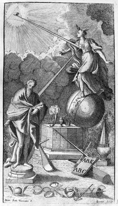 Giambattista Vico. Også kalt Giovanni, Gian Battista, Jean Baptiste eller Jean-Baptiste. Antiporta (falsk tittel) av "La Scienza Nuova" ", Napoli 1744. av Unknown artist