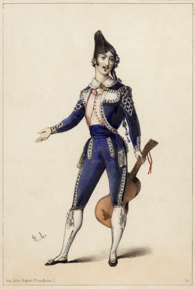 Giorgio Ronconi i rollen som Figaro i Gioacchino A. Rossinis opera Barberen i Sevilla av Unknown artist