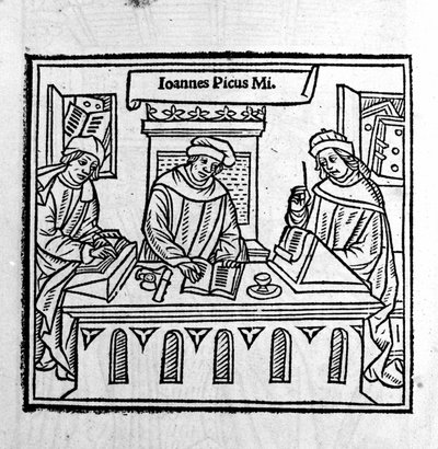Giovanni Pico della Mirandola (Jean Pic de la Mirandole) med sine to disipler - i "Epistole auree" "" fra 1555 av Unknown artist