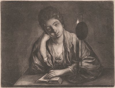Jente leser med stearinlys av Unknown artist