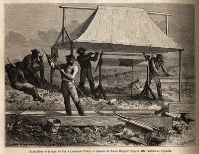 Gullutvinning og vasking i et krav i Cameron Town (British Columbia, Canada), distriktet er den rikeste gullforekomsten i regionen, gull utvinnes fra undergrunnen av hule brønner, hvorfra bøtter med "betalt gjørme", en blanding av leire og grus som c av Unknown artist