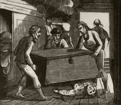 'Gordon og hans ledsagere presser den franske kapteinen i hjel med et stort bryst', ca. 1836 av Unknown artist