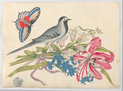 Grå fugl på gren med tulipan, løvedrager og forglemmigei med sommerfugl av Unknown artist