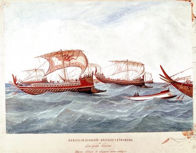 Greske og etruskiske krigsskip (Akvarell av Unknown artist