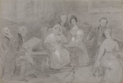 Gruppe av figurer, med en mann som maler i akvareller og en jente som gir kopper te av Unknown artist