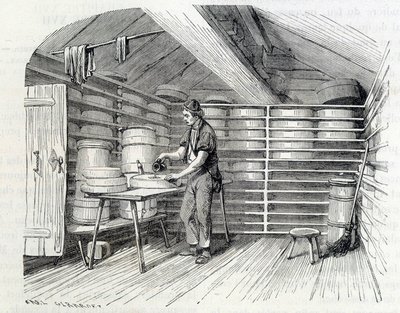 Gruyère ostebutikk i en sveitsisk hytte (vasker skorpen) - i "" The wonders of the industry"" av Louis Figuier av Unknown artist