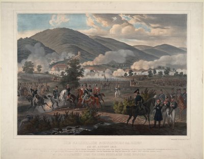 Napoleonskrigene: slaget ved Kulm (nå Chlumec) i Böhmen (Tsjekkia) 30.08.1813 - Russisk livgarderegiment i slaget ved Kulm 29. august 1813 - Anonym - ca 1813 - Fargelitografi - 59x75,6 - Privat samling av Unknown artist