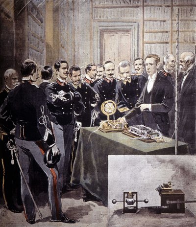 Guglielmo Marconi presenterte den trådløse telegrafen (TSF) på en konferanse ved Sjøforsvarsdepartementet i 1897. av Unknown artist