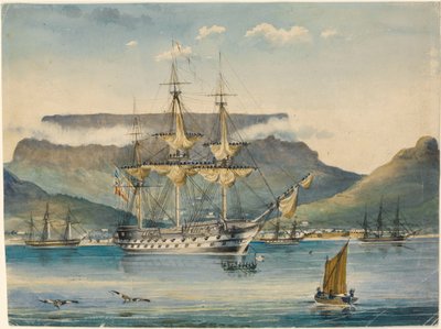 HMS #39;Jupiter#39; (1813) ved Table Bay, som et troppeskip av Unknown artist