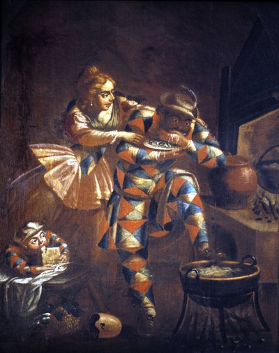 Harlekin-frosser. Han prøver alltid å fange noe å spise, et symbol på elendigheten i tidligere århundrer. Maleri 1700-tallet. . Milan av Unknown artist