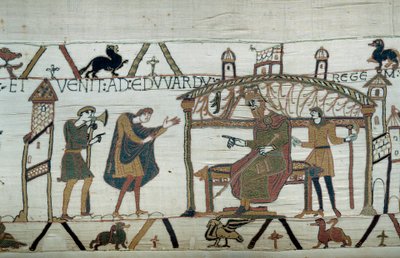 Harold, som vendte tilbake til England, etter hans ambassade hos hertugen Vilhelm Erobreren (1027-1087), resiterte sin reise til kong Edward Bekjenneren. av Unknown artist