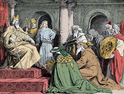 Harun al Rashids gaver - Ambassadører til abbasid-kalifen Haroun ar Rachid (763-809) tilbyr gavene sine til Charlemagne (742-814), rundt 802 av Unknown artist