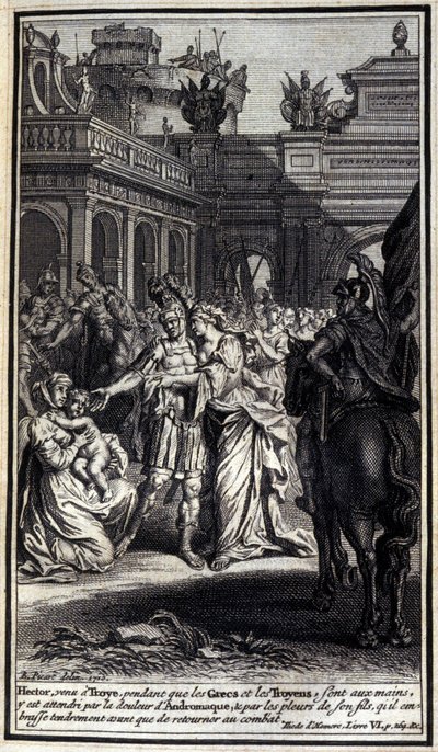 Hector, som kom til Troyes mens grekerne og trojanerne var i deres hender, ble plaget av smerten til Andromaque, og av gråten fra sønnen, som han kysset ømt før han vendte tilbake til kampen. Illustrasjon av bok VI av Iliaden av Homere, Fren av Unknown artist