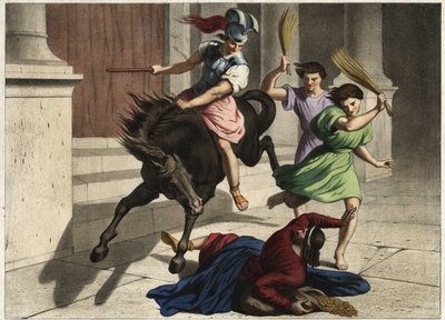 Heliodore (Heliodoros) was driven out of the temple: on the orders of his ruler, he tried unsuccessfully to seize the tresors of the temple of Jerusalem. Anonymous engraving from the middle of the 19th century. av Unknown artist