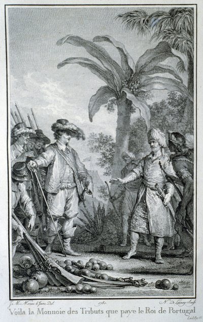 Her er hyllestvalutaen som kongen av Portugal betaler: portugisisk handel i koloniene - i "Filosofisk og politisk historie om europeiske etablissementer og handel i de to India", av Guillaume Thomas Raynal, red. Skuffe av Unknown artist