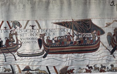 Kapret av stormen strandet skipet til Harold II (1022 - 1066) på kysten av Ponthieu - Bayeux-teppet, kjent som Embroidery of Queen Mathilde av Unknown artist