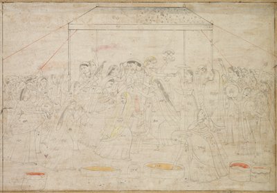 Hindu-guden Krishna blir kledd i kvinneklær til vårfestivalen Holi av Unknown artist