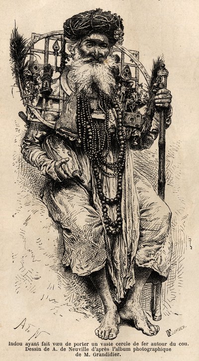 Hindu sverget å bære en stor sirkel av jern rundt halsen. Gravering for å illustrere reisen i meridionalprovinsene i India, av Alfred Grandidier, i 1862-1864, publisert i "" le tour du monde", under ledelse av D