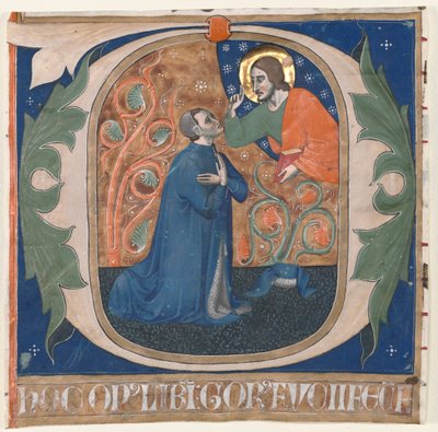 Historikert initial (O) Utskåret fra et antifonarium: Donoren, Gorus Fucci, kneler foran Kristus av Unknown artist
