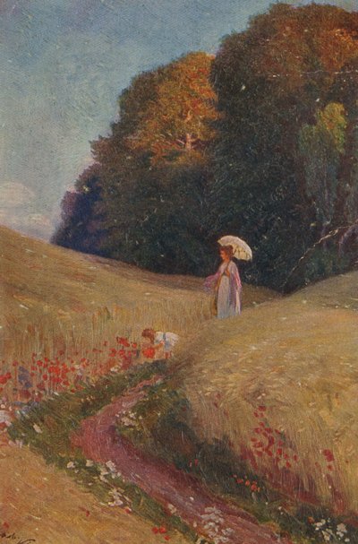 Historisk gratulasjonskort etter et maleri, mor og datter som går i en blomstereng av Unknown artist