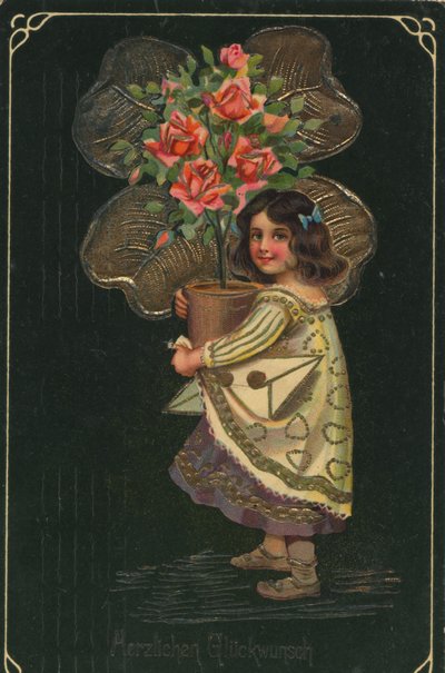 Historisk gratulasjonskort med et barn og en stor potteplante, rose av Unknown artist