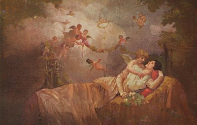 Historisk gratulasjonskort med engler for å bringe lykke til en kvinne, kitschy-romantisk av Unknown artist