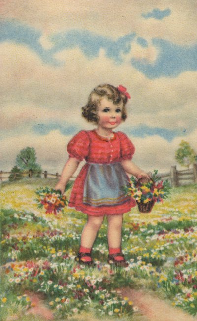 Historisk postkort med en glad jente på engen, gratulasjonskort av Unknown artist