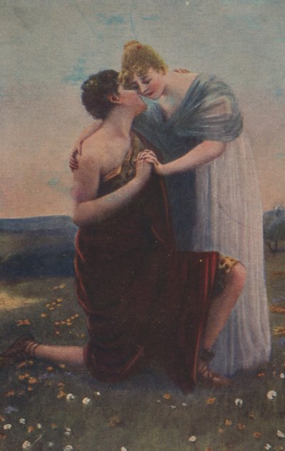 Historisk gratulasjonskort med historisk motiv, kvinne og kriger fra middelalderen av Unknown artist