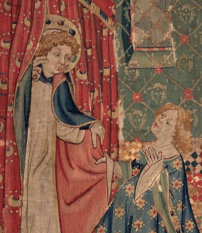 History of Saint Piat og Saint Eleuthère, Scene 11: Fristelsene til Saint Eleuthère (Tribunedatteren kommer til å dø slik at hun ikke kan oppnå den gale kjærligheten som helgenen krever når kappen hans trekker seg). Detalj. av Unknown artist