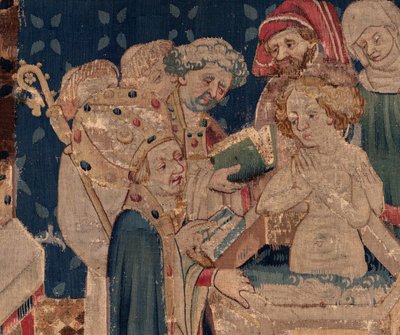 History of Saint Piat og Saint Eleuthère, Scene 13: dåp av Blanda (Hvordan de gode hellige døpte dattertribunen som samlet inn penger ved et veldig stort mysterium: Blande som var en mor til den gode helgen). Detalj. av Unknown artist