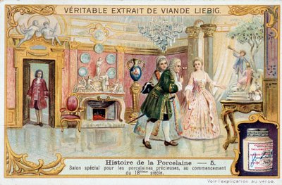 Porselens historie: spesiell salong for edelt porselen, på begynnelsen av 1700-tallet - Liebig Chromolithography av Unknown artist