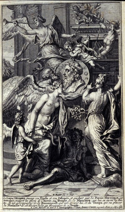 Homeres ånd, som holder hans Iliaden og hans Odyssee, og ledet av heroisk poesi, introduseres, til tross for misunnelsens innsats, for minnetempelet, som åpner dørene. Han er ledsaget av Renommee som flyr foran ham, og Time, som vil plassere av Unknown artist