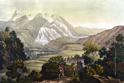 Humboldt og Bonpland krysser Quindiu-fjellet på bærestoler. Fra turen til Andesfjellene av Alexander Von Humboldt (Alexandre de Humboldt av Unknown artist